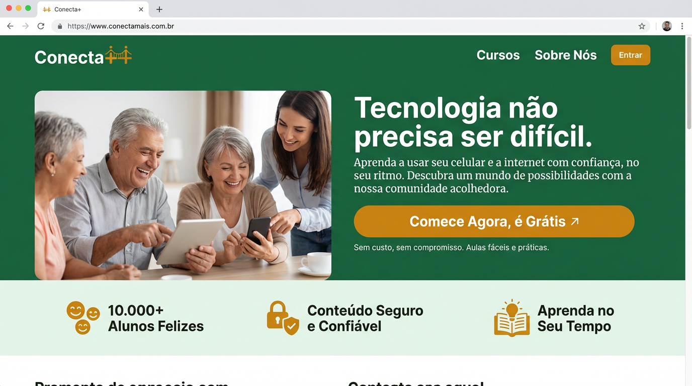 Preview da landing page Conecta+ — alfabetização digital para adultos 50+ com design acessível e acolhedor