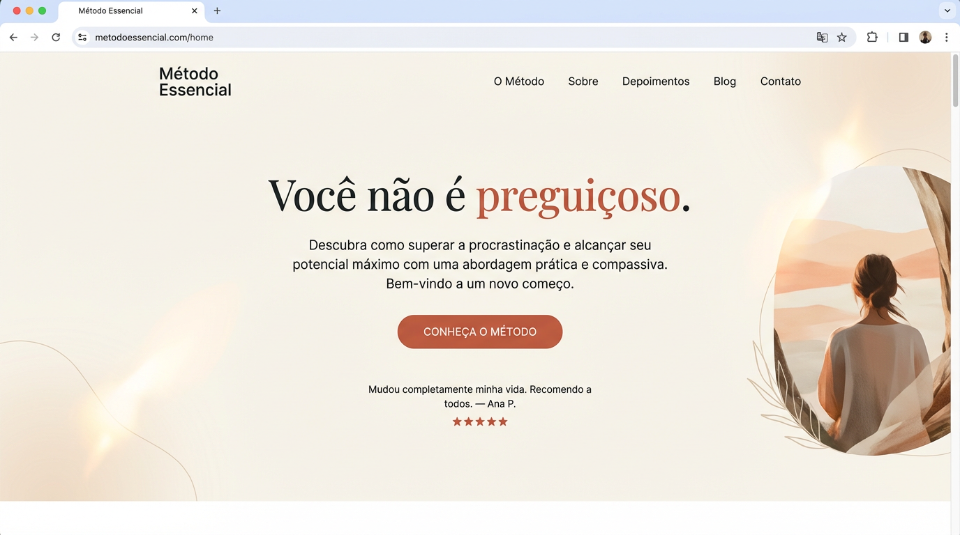 Preview da landing page Método Essencial — página de desenvolvimento pessoal com design minimalista e acolhedor